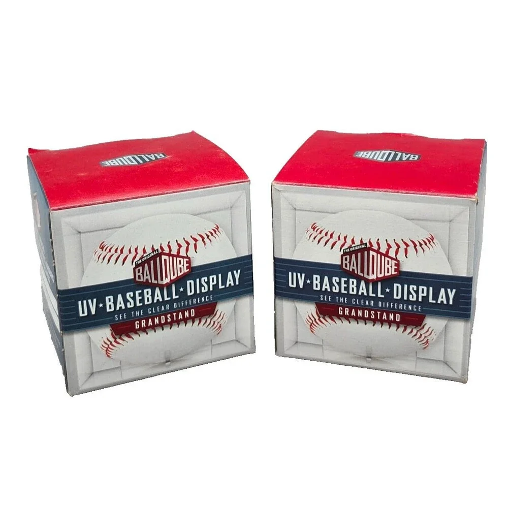 Lot of 2 Ball Cube Baseball Holder Cube Display Built in Stand UV Protected